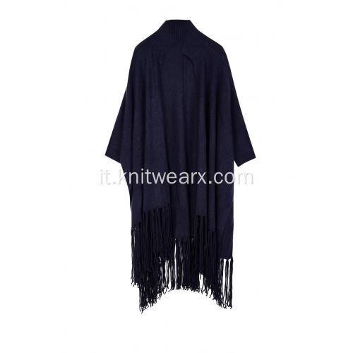 Mantella poncho da donna con frange elastiche lavorate a maglia con nappe sul fondo